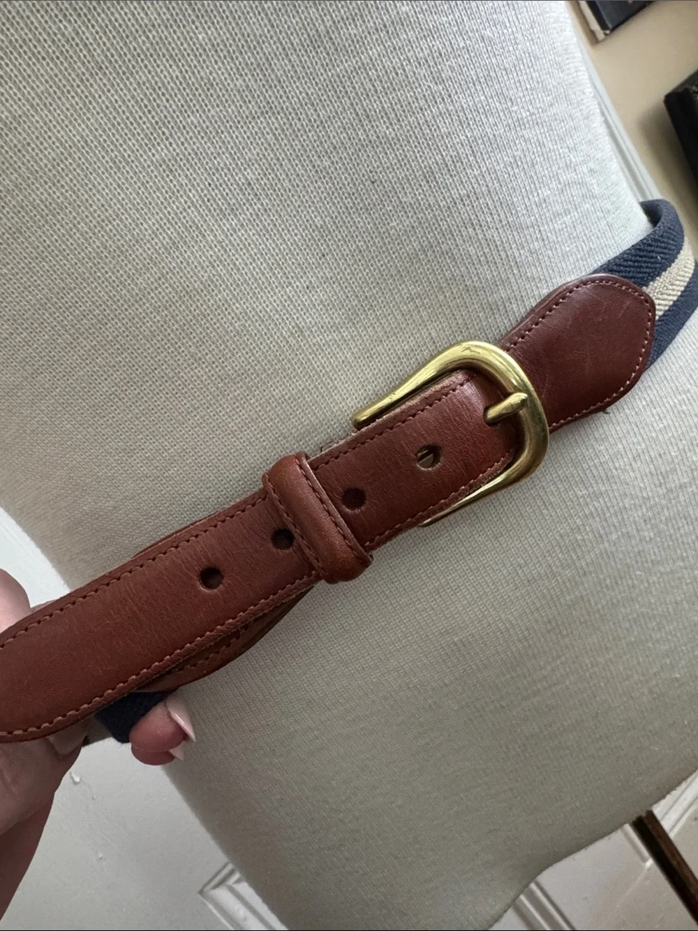 Coach Brown Leather Trim Navy and Cream Striped Belt